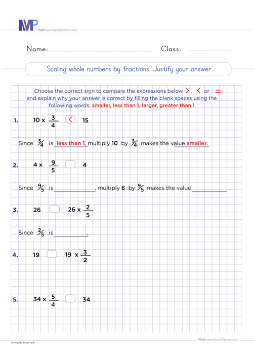 Scaling whole numbers by fractions worksheet