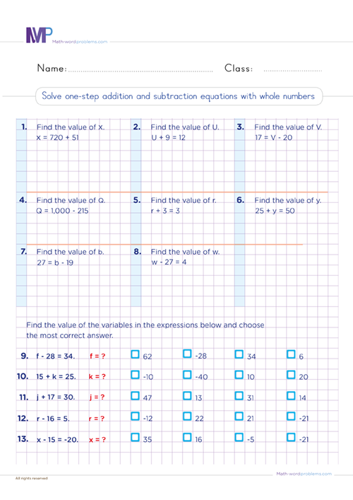 Solve one step addition and subtraction equations with whole numbers worksheet