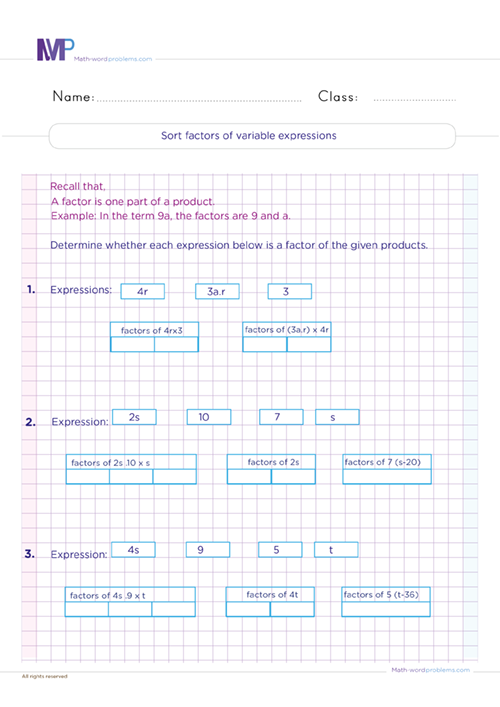 Sort factors of variables expressions worksheet