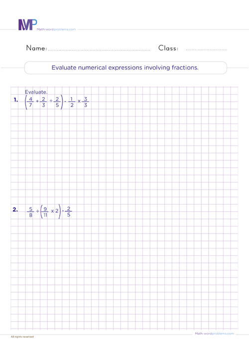 Evaluate numerical expressions involving fractions worksheet
