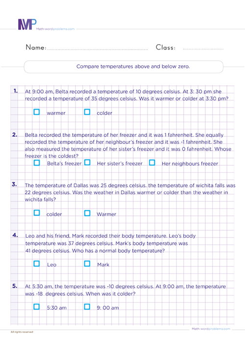 Compare temparatures above and below zero worksheet