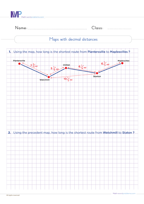 maps-with-fractional-distances-grade6 worksheet