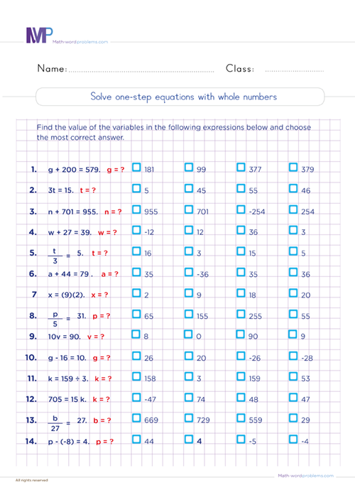Solve one step equations with whole numbers worksheet