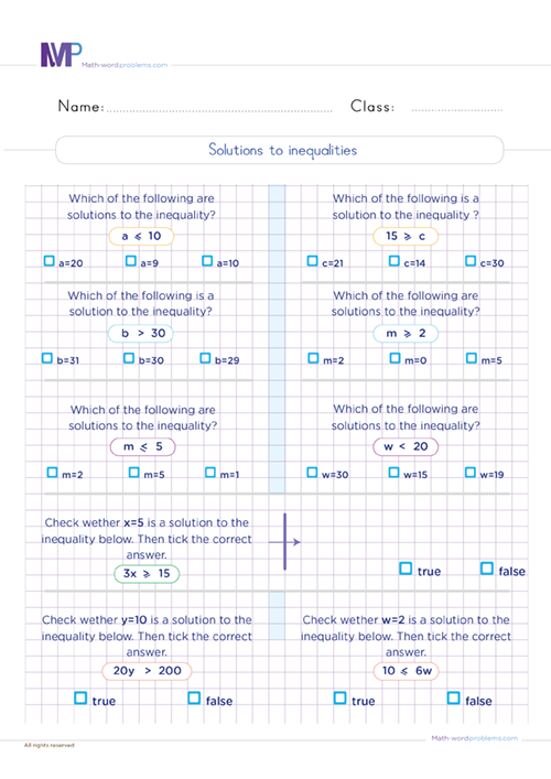 Solution to inequalities worksheet