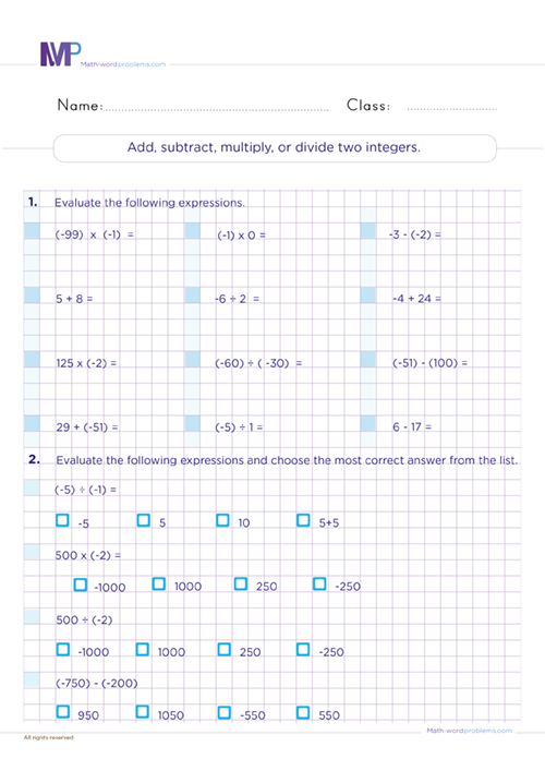 Add, subtract, multiply or divide two integers worksheet