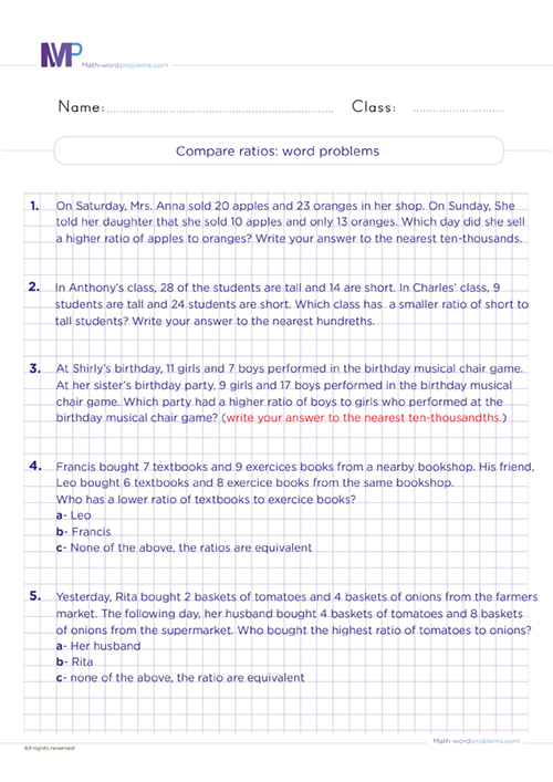 compare-ratios-word-problems-exercises-of-grade-6 worksheet