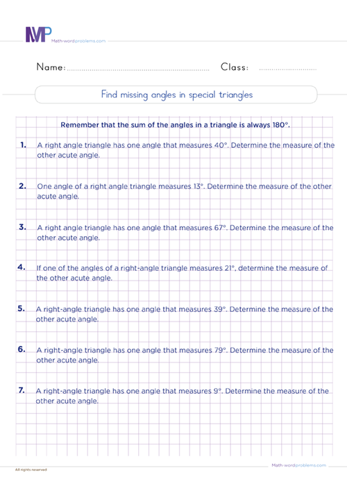 Find missing angles in special triangles worksheet