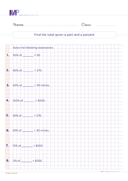 Find the total given a part and a percent worksheet
