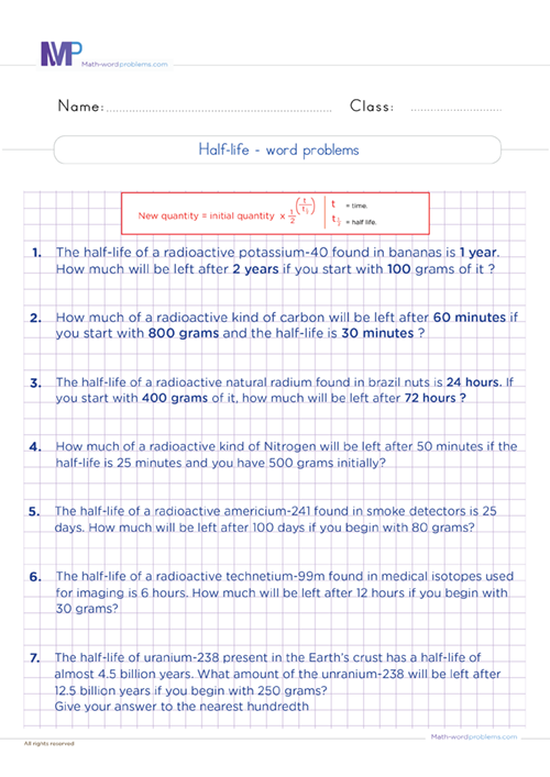 half-life-grade6 worksheet