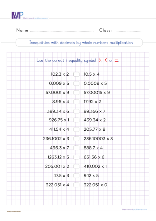 inequalities-with-decimals-by-whole-numbers-multiplication-6th-grade worksheet