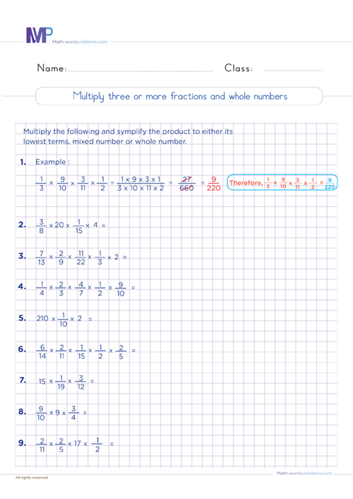 multiply-three-or-more-fractions-and-whole-numbers-6th-grade worksheet