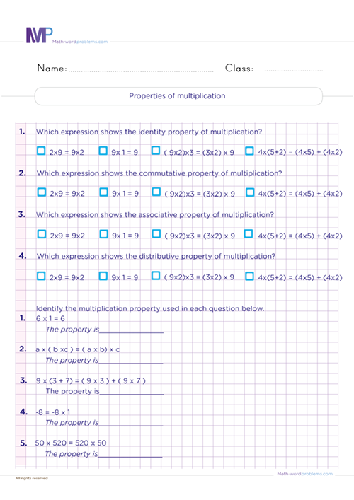 Properties of multiplication worksheet