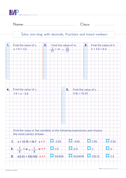 Solve one step with decimal fractions and mixed numbers worksheet