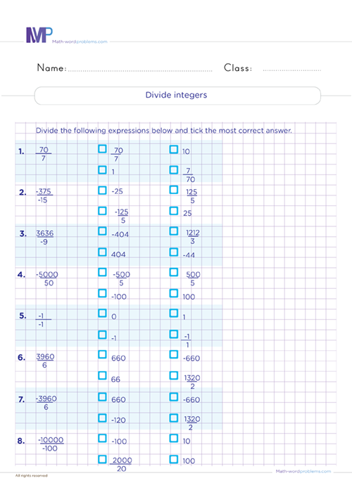 Divide integers worksheet