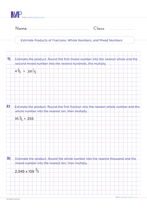 estimate-products-of-fractions-whole-numbers-mixed-numbers-6th-grade worksheet