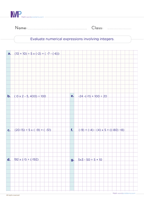 evaluate-numerical-expressions-involving-intergers worksheet