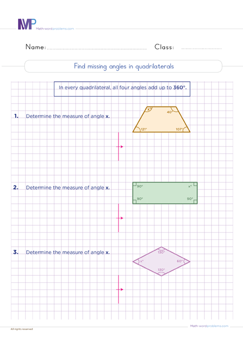 Find missing angles in quadrilaterals worksheet