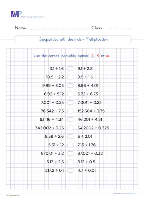 inequalities-with-decimals-by-decimals-division-6th-grade worksheet