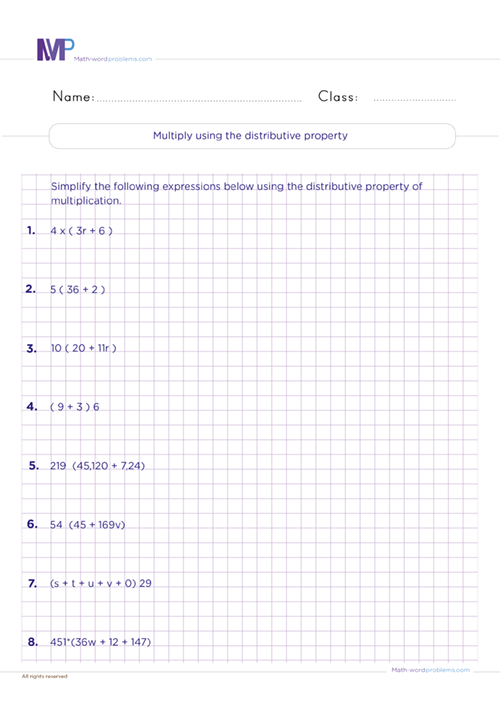 Multiply using the distributive property worksheet