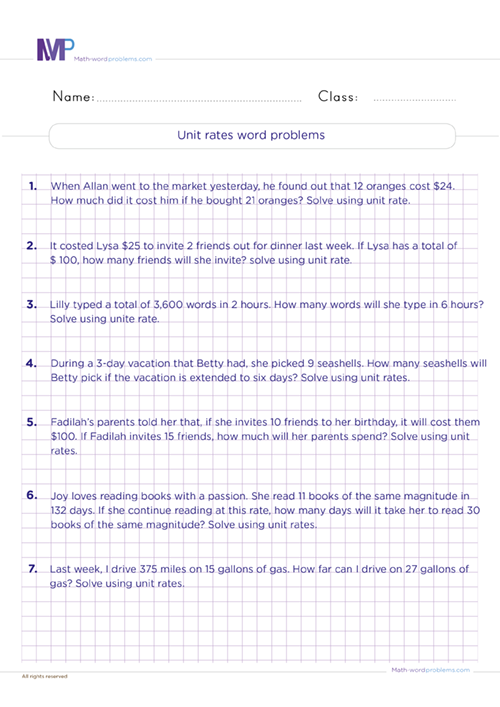 Unit rates word problems worksheet