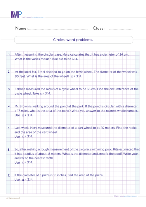 Circles word problems worksheet