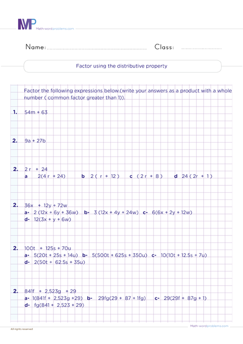 Factor using the distributive property worksheet