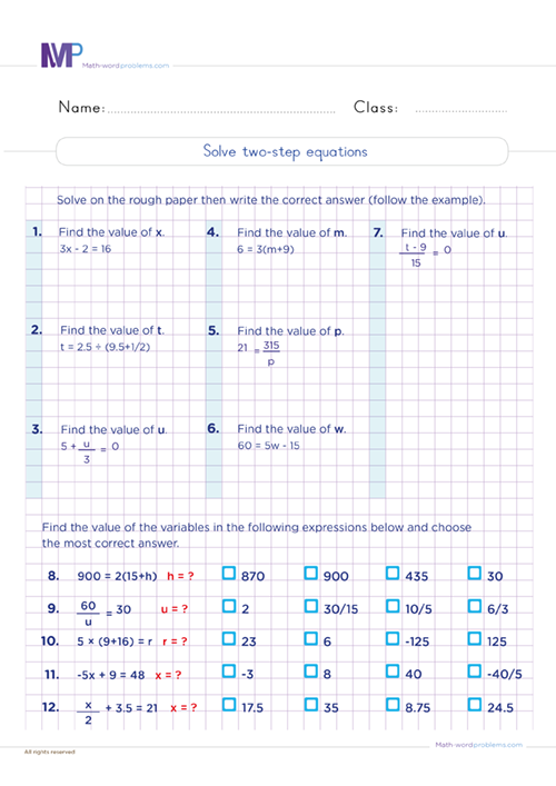 Solve two steps equations worksheet