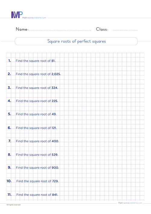 square-roots-of-perfect-squares-grade6 worksheet