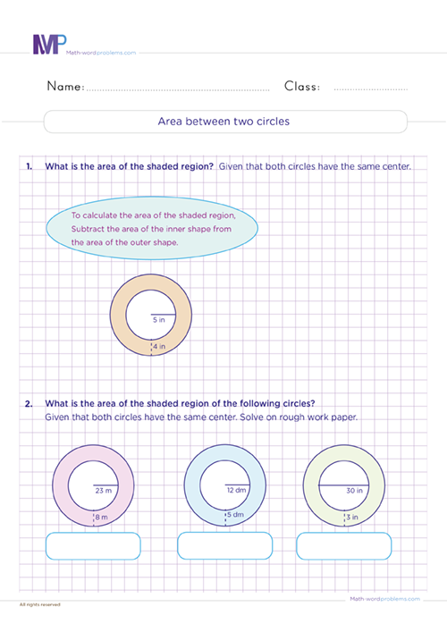 Area between two circles worksheet