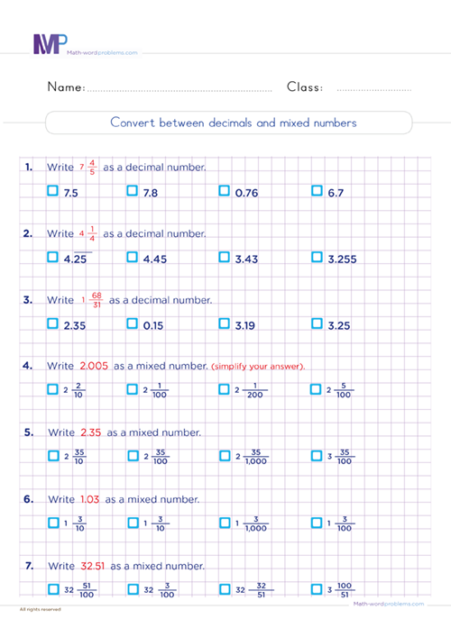 Convert between decimals and mixed numbers worksheet