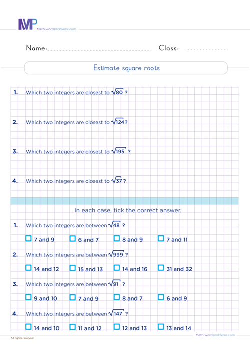 Estimate square roots worksheet