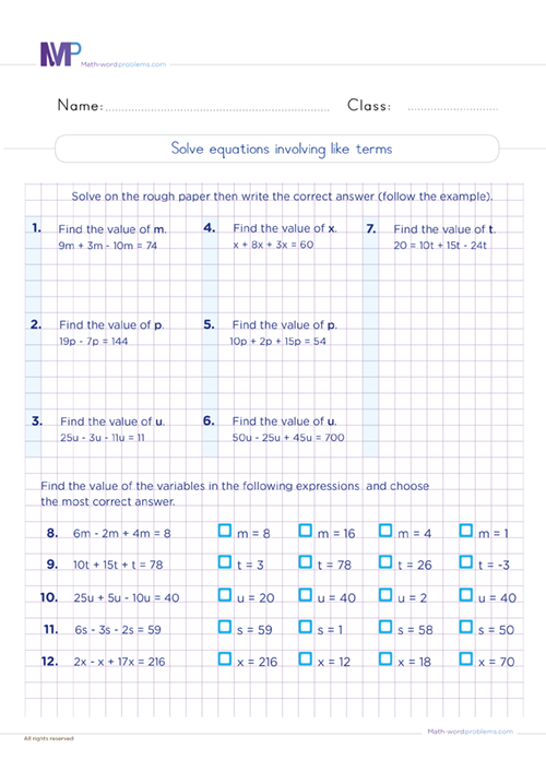 Solve Equations involving like terms worksheet