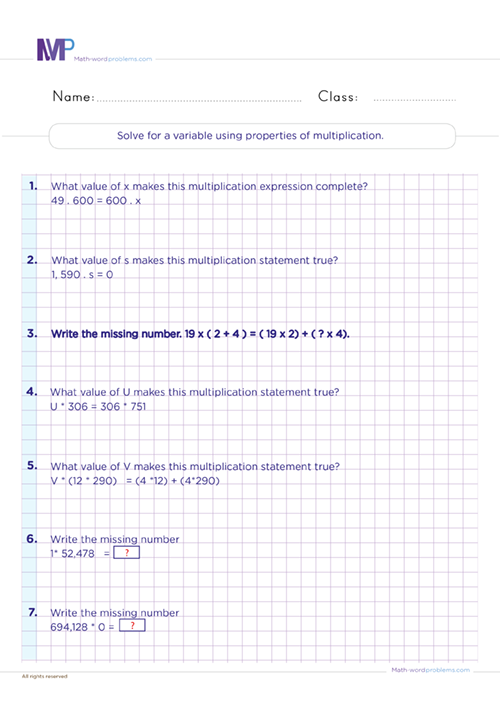 Solve for variables using properties of multiplication worksheet