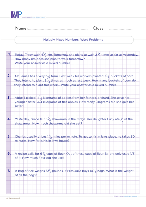 multiplying-mixed-numbers-word-problems worksheet