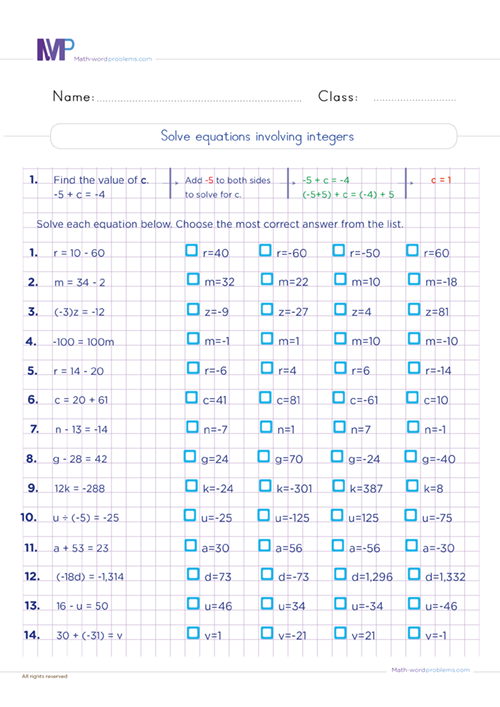 Solve equations involving integers worksheet