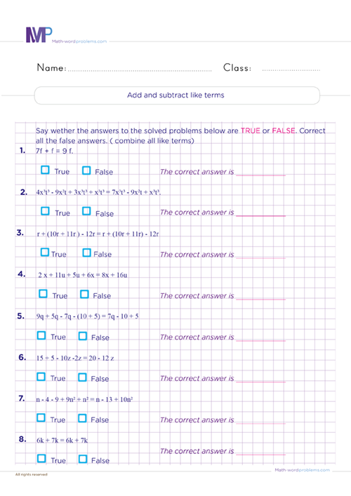 Add and subtract like terms worksheet