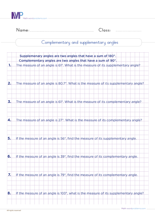 Complementary and suplementary angles worksheet