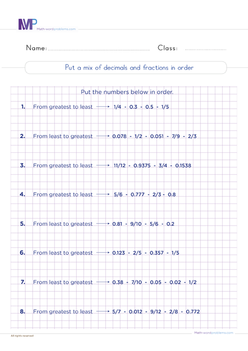 Put a mix of decimals and fractions in order worksheet