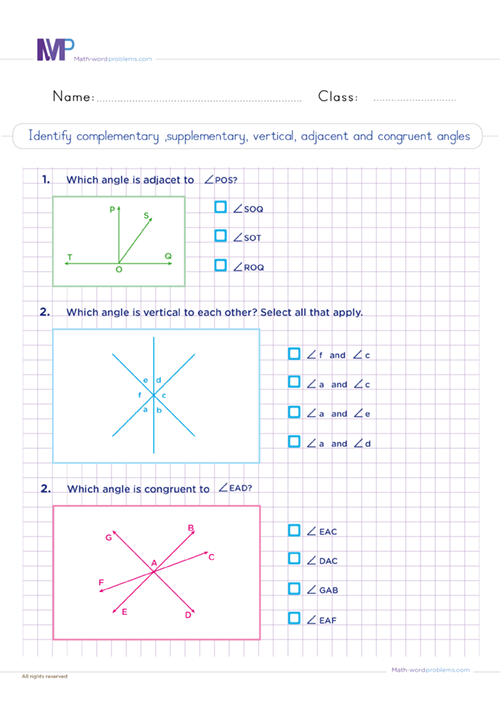 Identifty complementary supplementary vertical adjacent and congruent angles worksheet