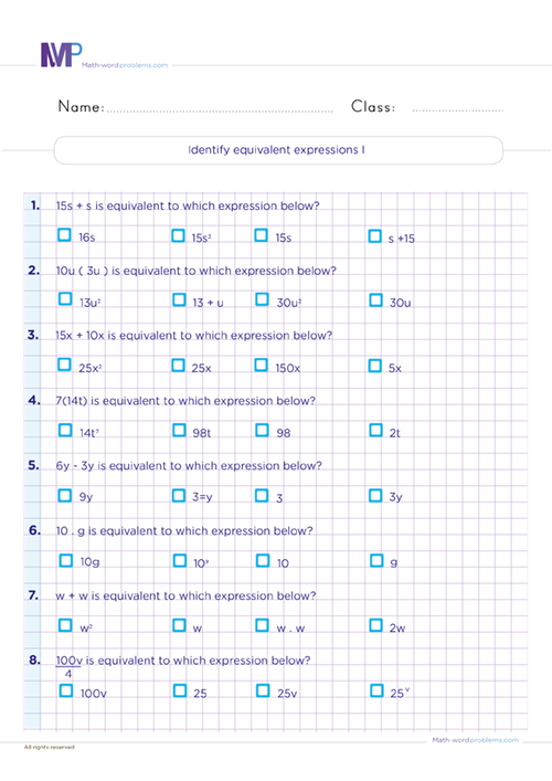 Identify equality expressions I worksheet