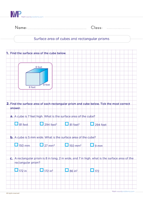 Surface area of cubes and restangular prisms worksheet