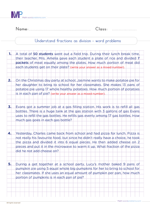 understanding-fractions-as-division-word-problems worksheet