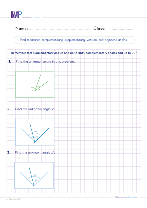 Find measures complementary supplementary vertical and adjacent angles worksheet