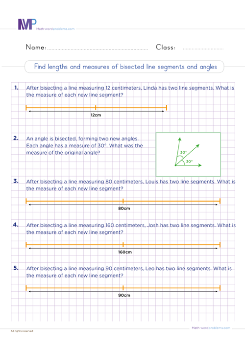 Find lengts and measures of bisected lines segments and angles worksheet