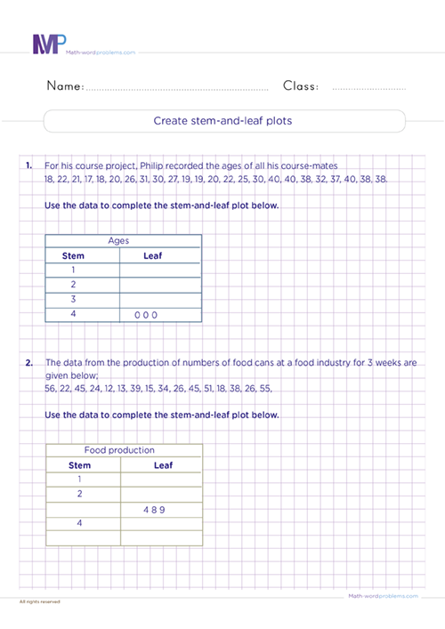 Create stem and leaf plots worksheet
