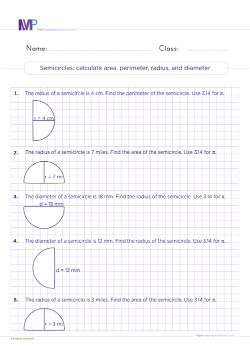 Semicircles calculate area, perimeter, radius and diameter worksheet
