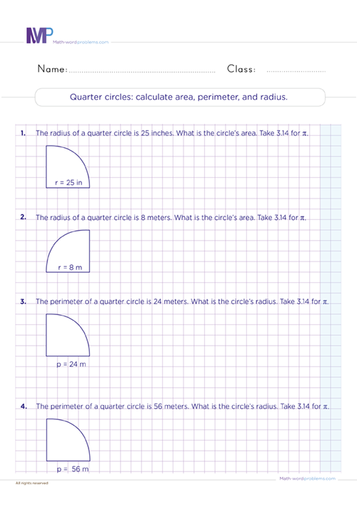 Quater circles clalculate area perimeter and radius worksheet