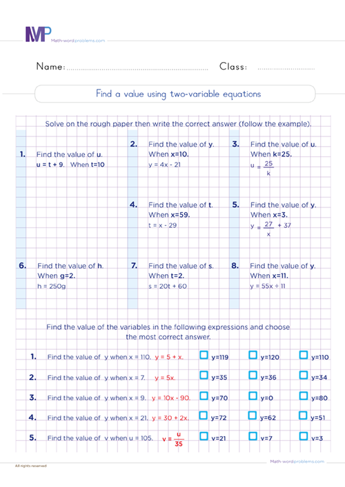 Find a value using two variable equations worksheet