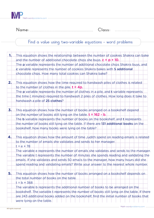 Find a value using two variable equations word problems worksheet