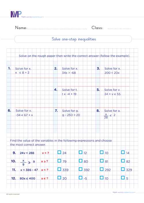 Solve one step inequalities worksheet